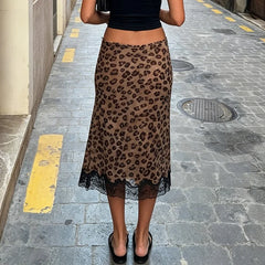 Leopard Print Lace Midi Skirt