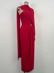 Red Strapless Draped Ruched Gown