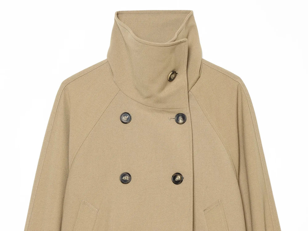 Stand collar detail on double breasted coat