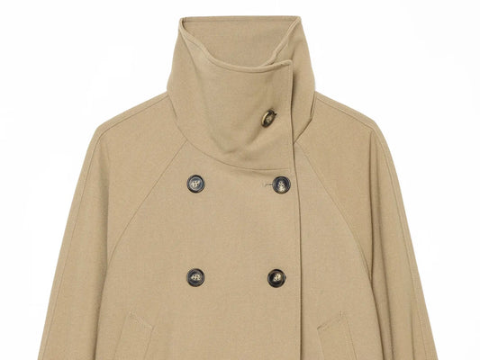 Stand collar detail on double breasted coat