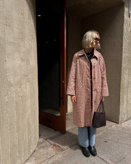 Red Gingham Lapel Long Trench Coat