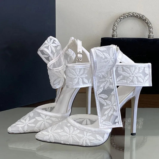 White mesh bow pointed toe heels