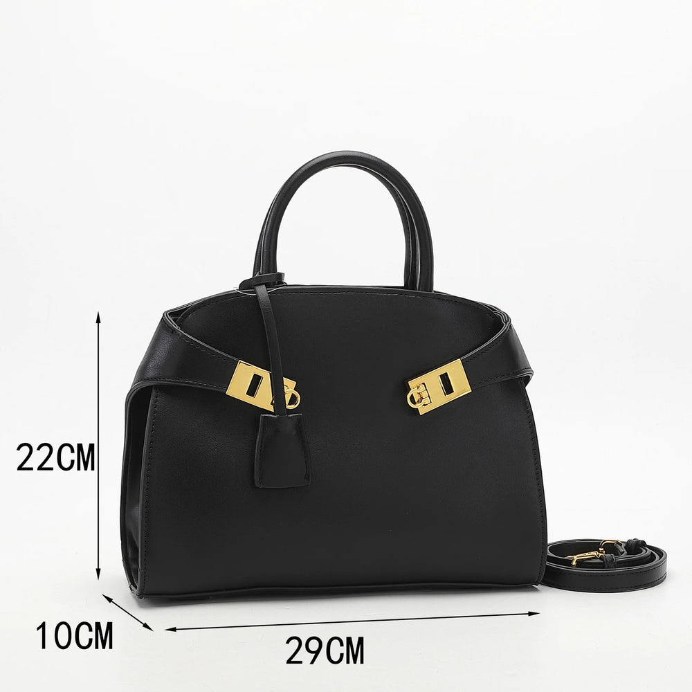 Dimensions of a black structured top-handle bag.