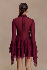 Burgendy Sheer Ruffle Hem Turtleneck Mini Dress