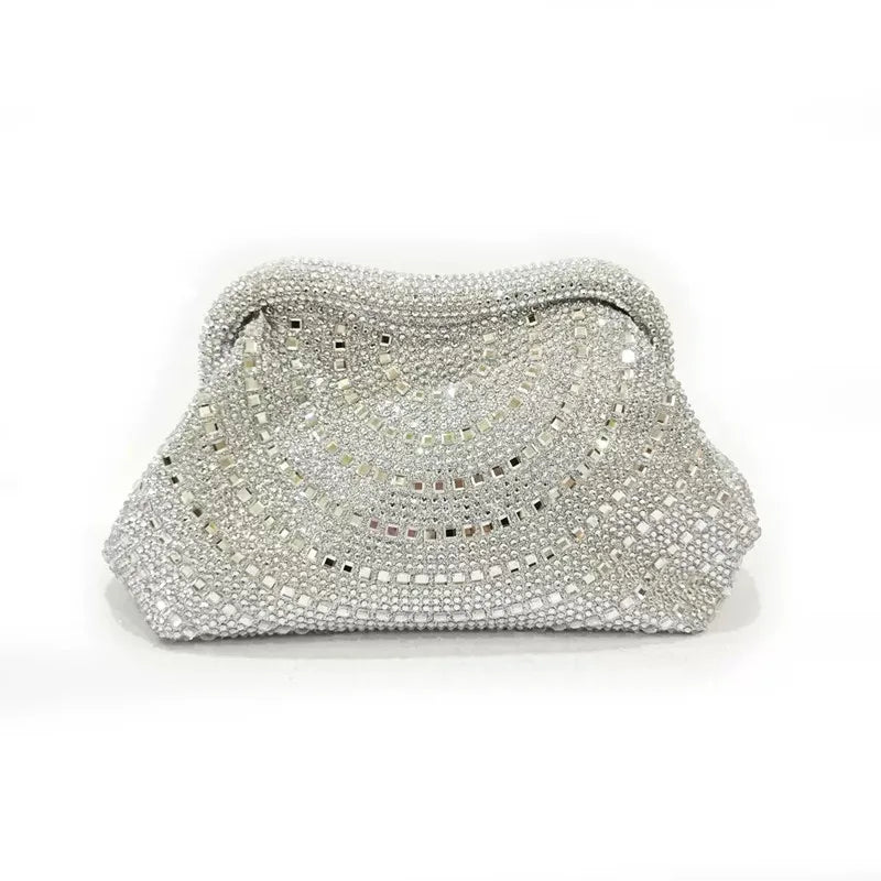 Silver crystal-embellished clutch bag with curved pattern