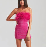 Feather Sequined Patchwork Off Shoulder Mini Dress