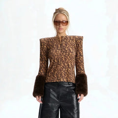 Leopard Print Fur Trim Long Sleeve Top