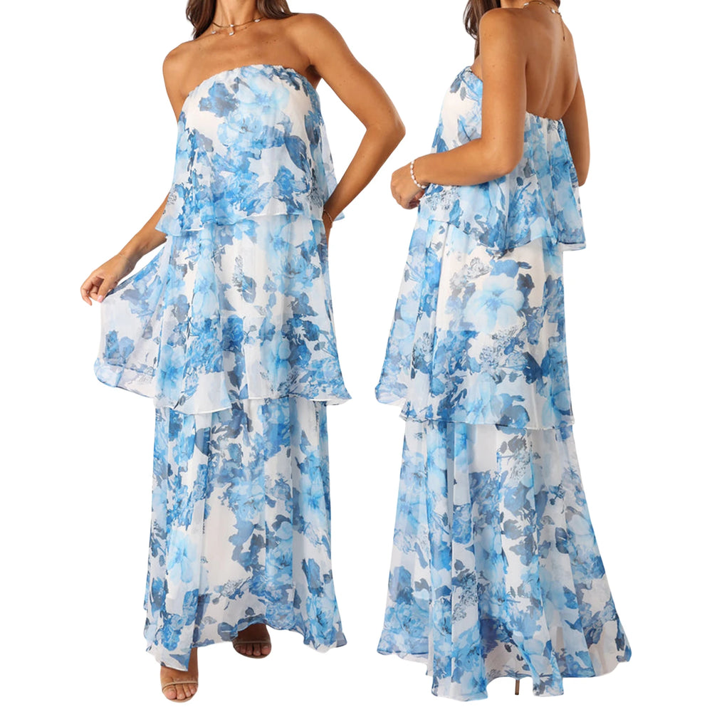 Blue and white floral strapless dress on a white background