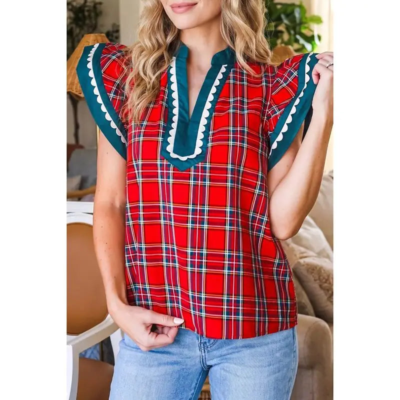 Plaid V-neck top with ruffle sleeves