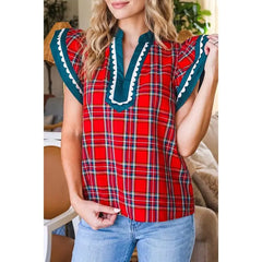 Plaid V-neck top with ruffle sleeves