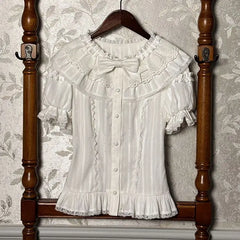 White puff sleeve lace collar bow detail blouse