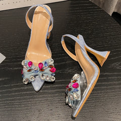 Denim Bowknot Crystal Pumps Pointed Toe High Heel Shoes