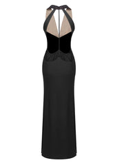 Black Halter Lace Trim Neck High Slit Maxi Dress
