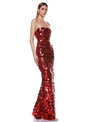 Red strapless sequin gown on a white background