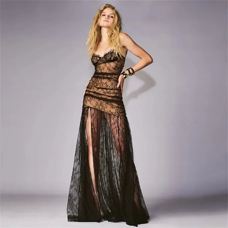 Elegant lace slit gown styled for night-out occasions
