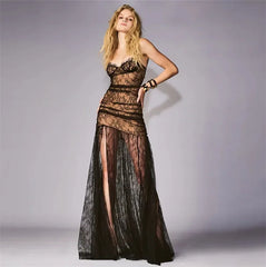 Elegant lace slit gown styled for night-out occasions
