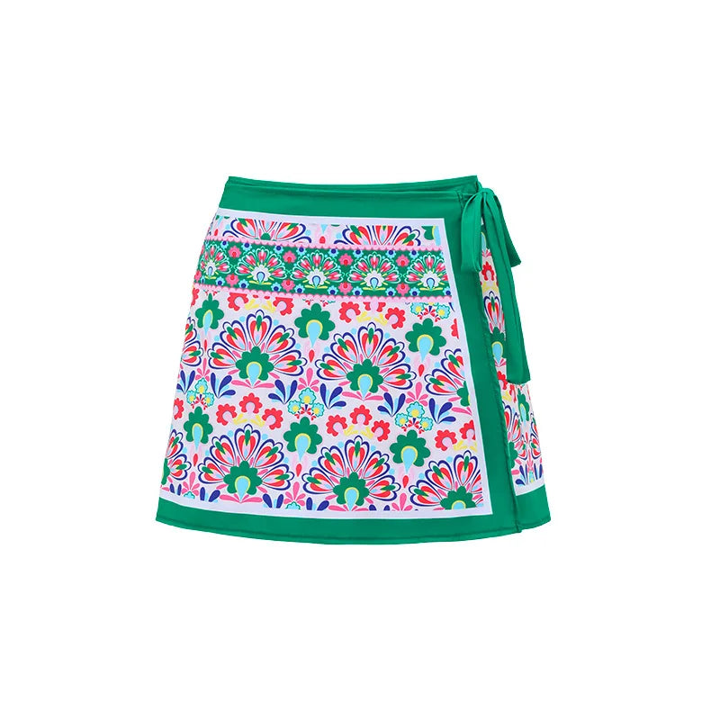 Detailed view of the vibrant print wrap skirt.