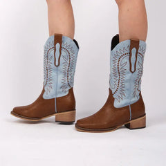 Embroidered Square Toe Block Heel Boots