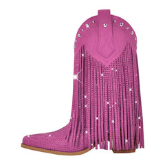 Pink cowboy boot with fringes and rhinestones on a white background
