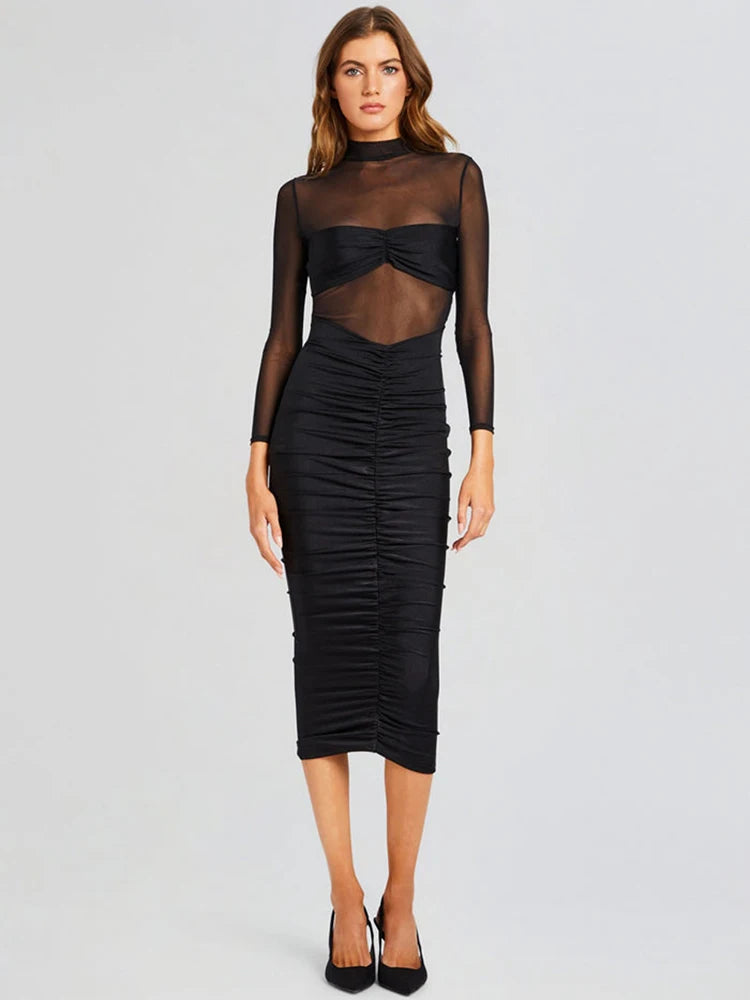 Black sheer long-sleeve dress with ruched skirt