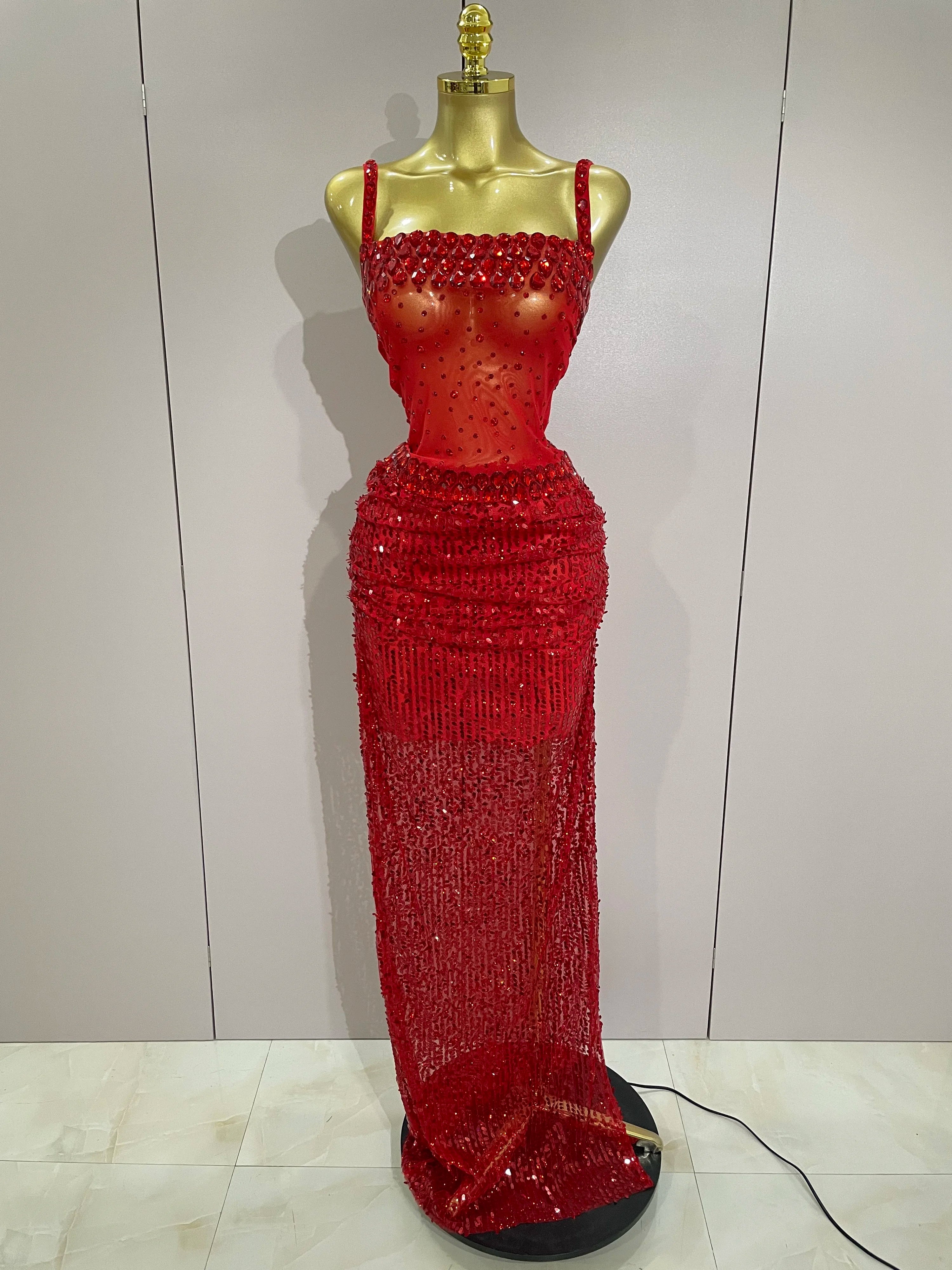 Sparkly red rhinestone sequin see-through set.

