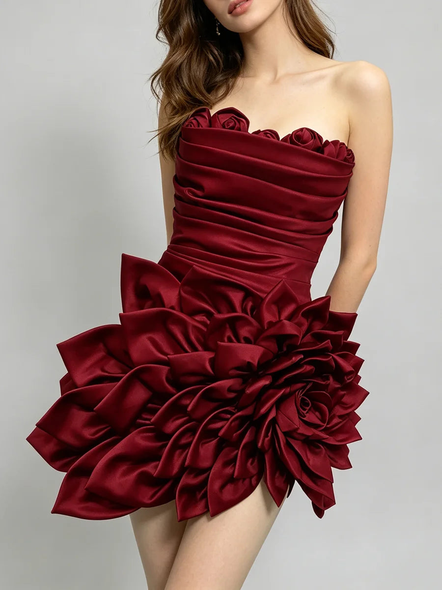 Strapless ruffled flower mini dress with ruched bodice