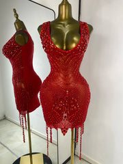 Red embellished mesh sheath mini dress with crystal details.
