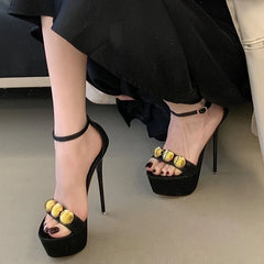 Black Platform Buckle Strap Gold Embellished Stiletto