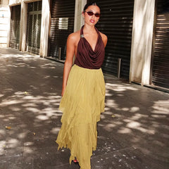 Ruffled Asymmetric Hem Maxi Skirt
