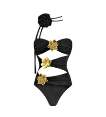 One-Piece Cut Out Swimsuit and Skirt Set with Gold Flower Accents
