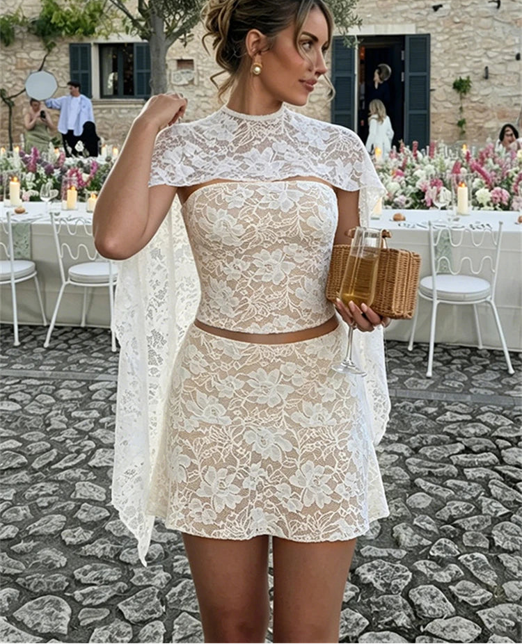 Lace capelet tube top and mini skirt set with scarf sleeves