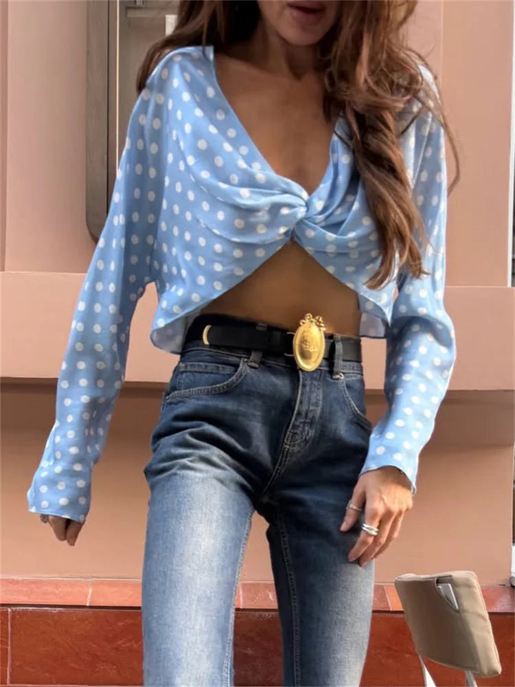 Light blue polka dot twist front crop top