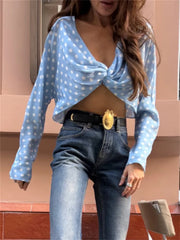 Light blue polka dot twist front crop top