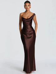 Satin Bodycon One Shoulder Cowl Neck Maxi Dress