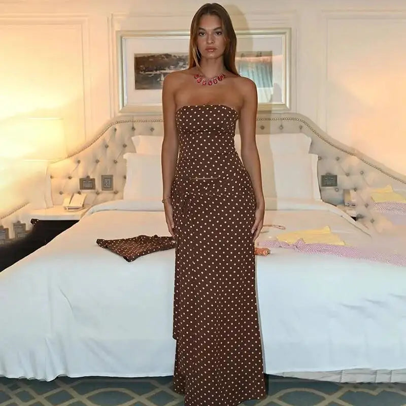 Brown polka dot strapless tube top and maxi skirt set