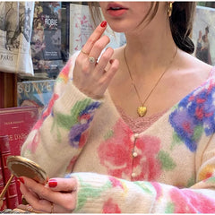 Flower Print Knitted Long Sleeve Button Pullover