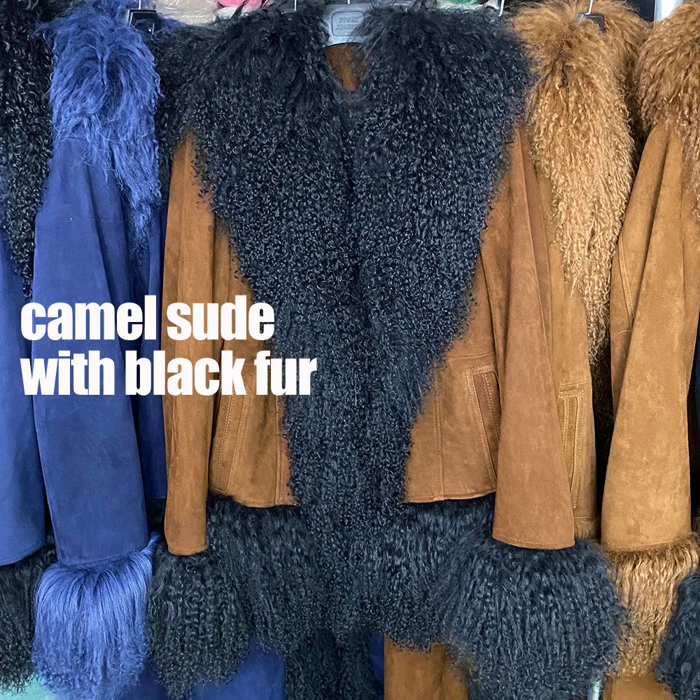 Collection of fur-trimmed jackets with text indicating 'camel suede with black fur'.
