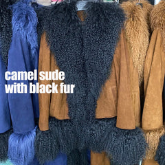 Collection of fur-trimmed jackets with text indicating 'camel suede with black fur'.