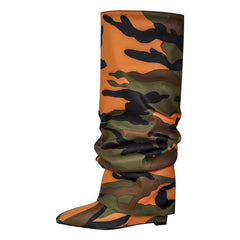 Camouflage Pleated Wedge Knee High Boots