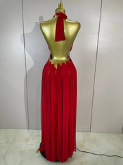 Gold Trim Halter Neck Maxi Dress