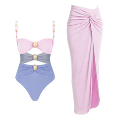 One-Shoulder Swimsuit with Oversized Flower Detail and Matching Printed Sarong Set