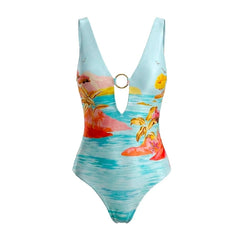 One-piece swimsuit with tropical landscape print and gold ring detail