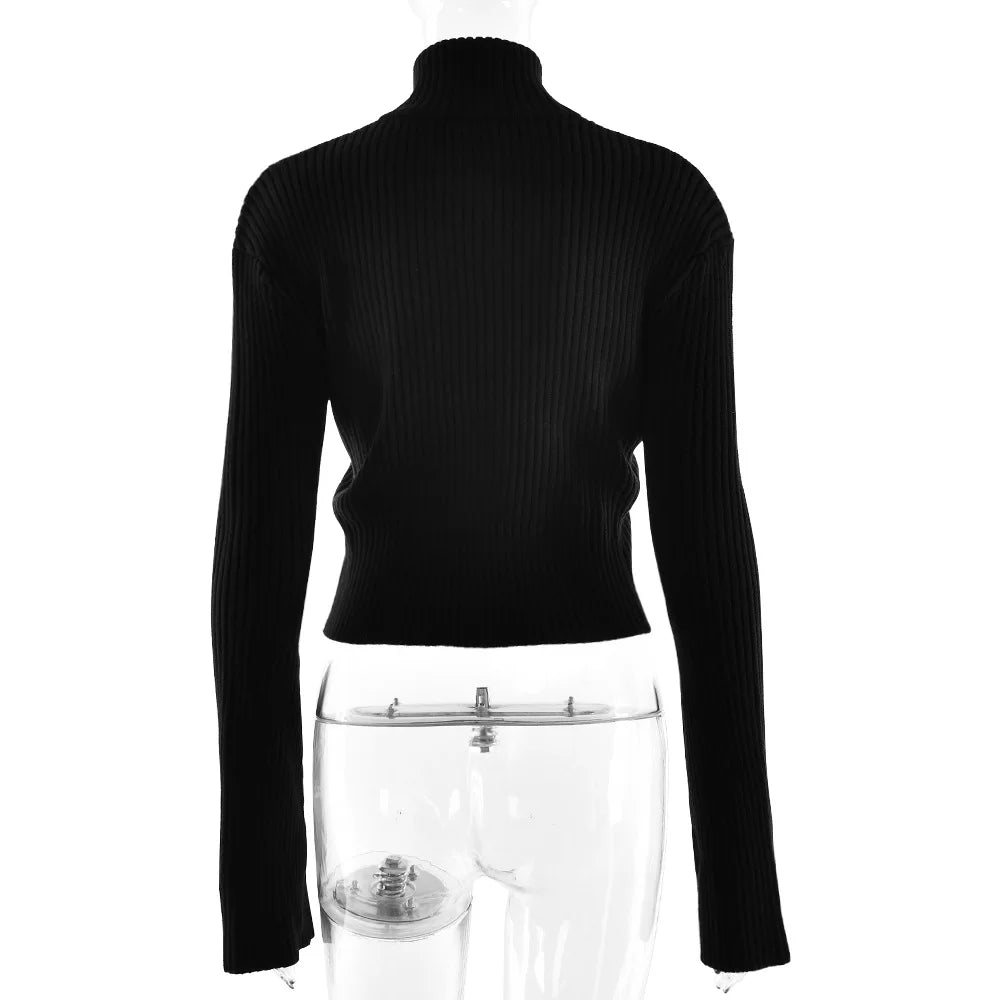Black ribbed long-sleeve top on a mannequin with a clear plastic stand against a white background