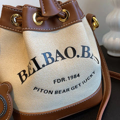 Embroidered Bear Canvas Drawstring Bucket Bag