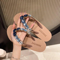 Embellished wedge sandals in khaki with blue gemstones