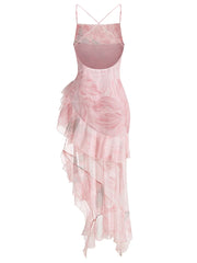Spaghetti Strap Floral Print Ruffle High-Slit Asymmetrical Hem Maxi Dress