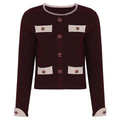 Burgundy knit cardigan with jeweled buttons and contrasting trim