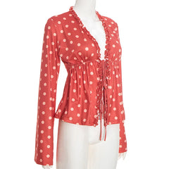 Red Polka Dot V neck Tie Front Top