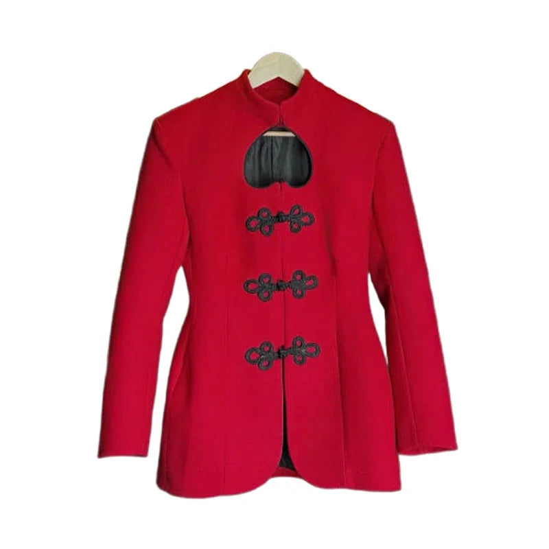 Red coat with black buttons on a white background