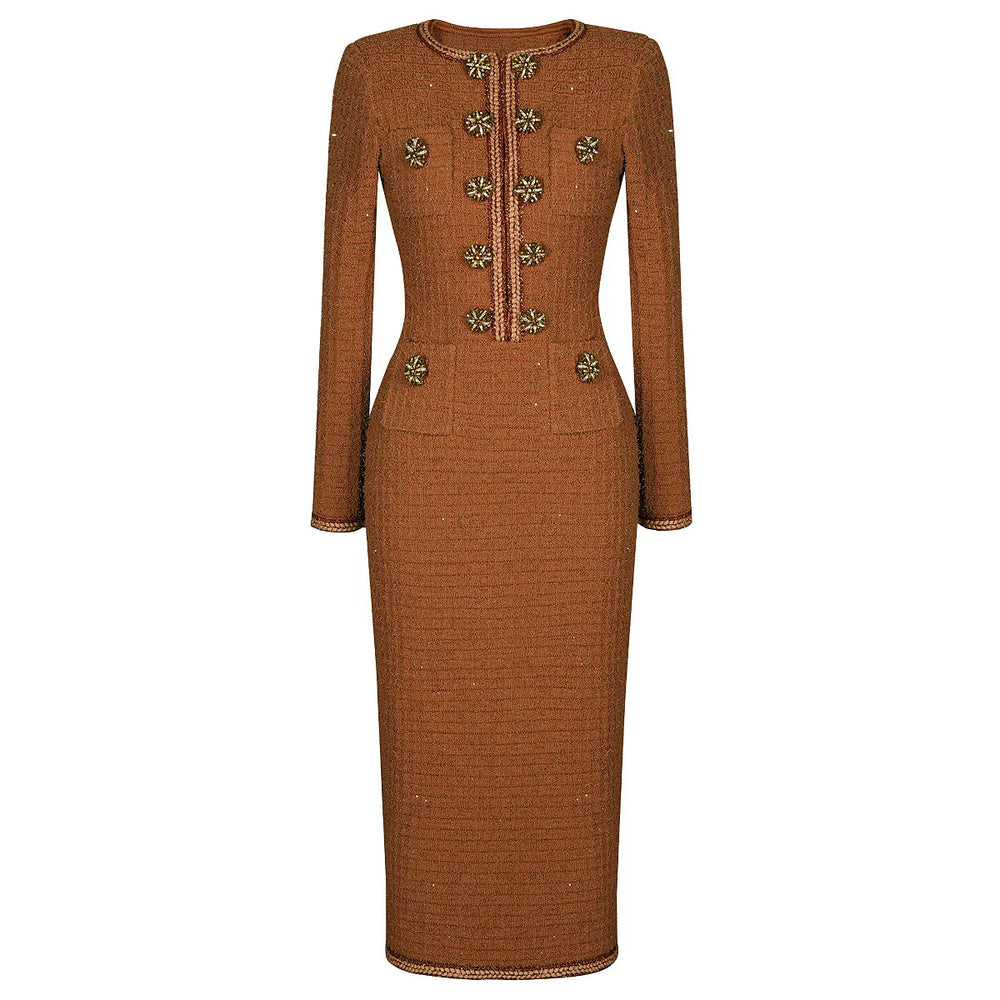 Brown dress with decorative buttons on a white background